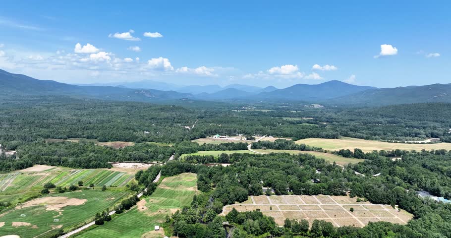 Drone landscape view of New Hampshire mountains on a sunny day in New England