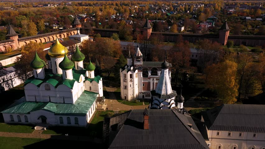 Spaso-Evfimiev Monastery in Suzdal, Cathedral and bell tower, autumn, drone view