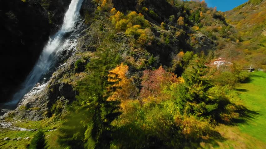 FPV Drone flies through the Partschins Waterfall near Meran, South Tyrol, Italy
