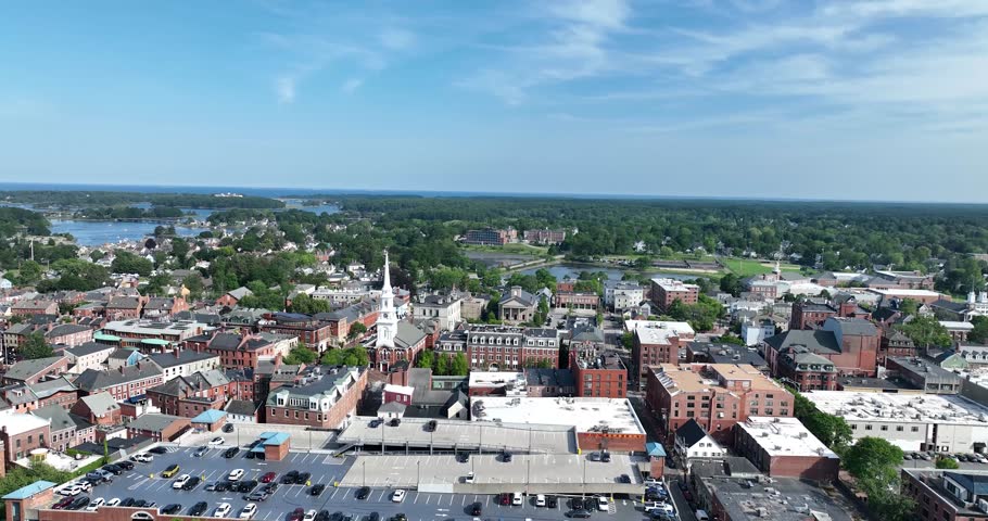 Drone view of colonial historic downtown Portsmouth, New Hampshire