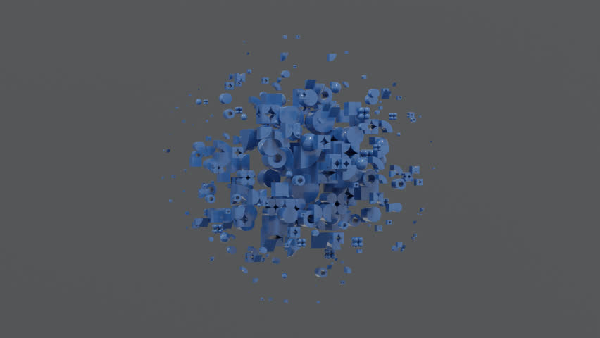3d abstract background with blue geometric forms arranged into a spherical cloud on dark gray surface, inspired by Bauhaus style illustrations and modern minimal abstract visual composition