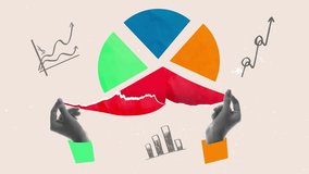 Promo video. Hands holding pie chart segments while red slice tears apart, visualizing fragile financial structure and team tension. Concept of business strategy, resource, dynamic - Powered by Shutterstock - Get 15% off with code: PIKWIZARD15