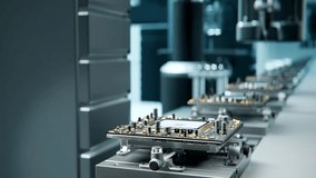 Technology future Macro Shot scene. Automatic Pick and Place machine quickly install Components on Circuit Board. Electronics and Circuit board Manufacturing Factory. Loopable 4k - Powered by Shutterstock - Get 15% off with code: PIKWIZARD15