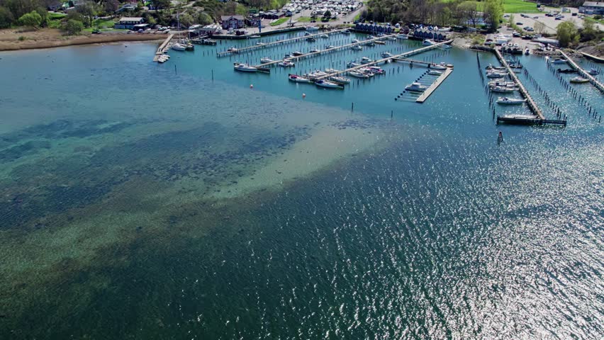 Marina With Moored Boats Near Askimsbadet Beach In Gothenburg, Sweden. Aerial Drone Shot