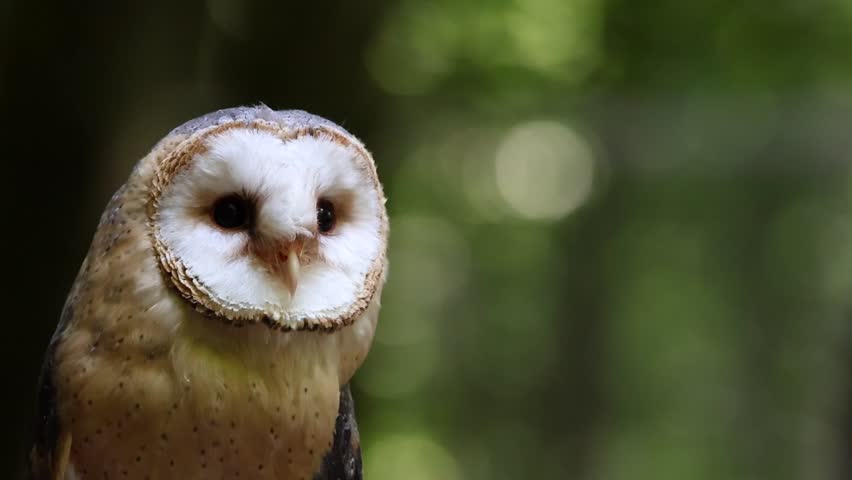 A barn owl with white face and dark eyes sits calmly against a blurred green forest backdrop