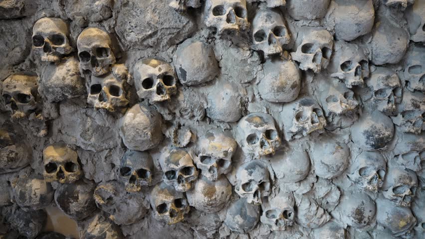 Skulls embedded in a wall, Liguria, Italy, evoke mystery and history