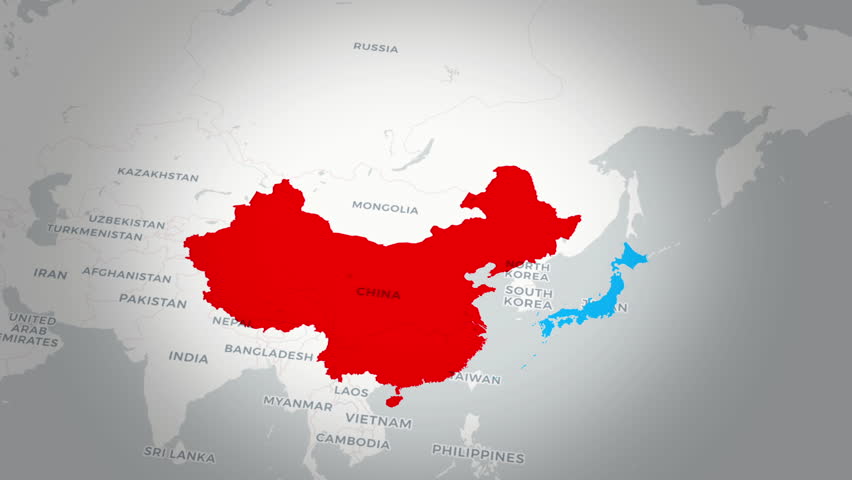 China and Japan Political Map with Border Lines.