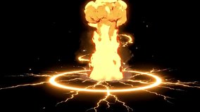 Anime-style ground explosion visual effect in Ultra-HD 4K. Features ignition spark, vertical fire column, expanding ground shockwave, mushroom cloud burst with debris, smoke puffs, ember rain. - Powered by Shutterstock - Get 15% off with code: PIKWIZARD15