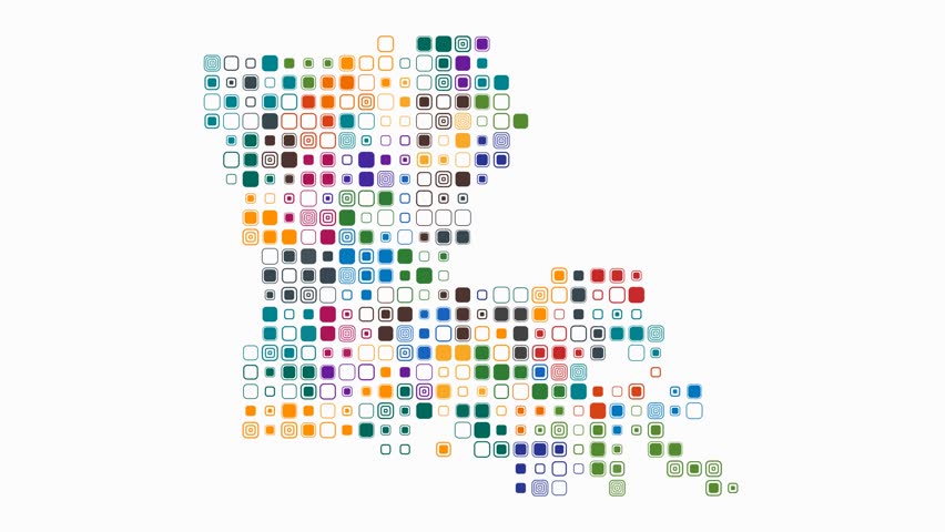Louisiana animation. Shape of the state with pulsating colored dots. Large rounded square blocks in a digital style map on a white background. Artistic video.