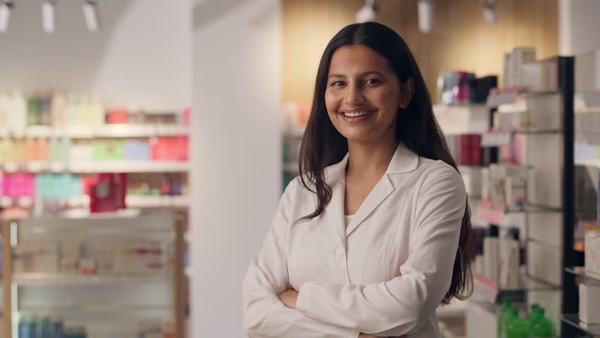 Happy woman doctor Indian ethnic girl portrait pharmacist health care worker pharmacy female smiling physician practitioner adviser looking at camera crossing arms medicine drugstore medical checkup