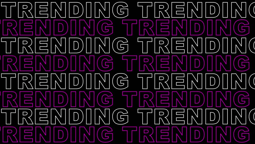 Dynamic repeated text animation with the word "Trending". Bold typography motion design with black background and neon outline effect. Perfect for marketing, sale promotions, social media posts, event