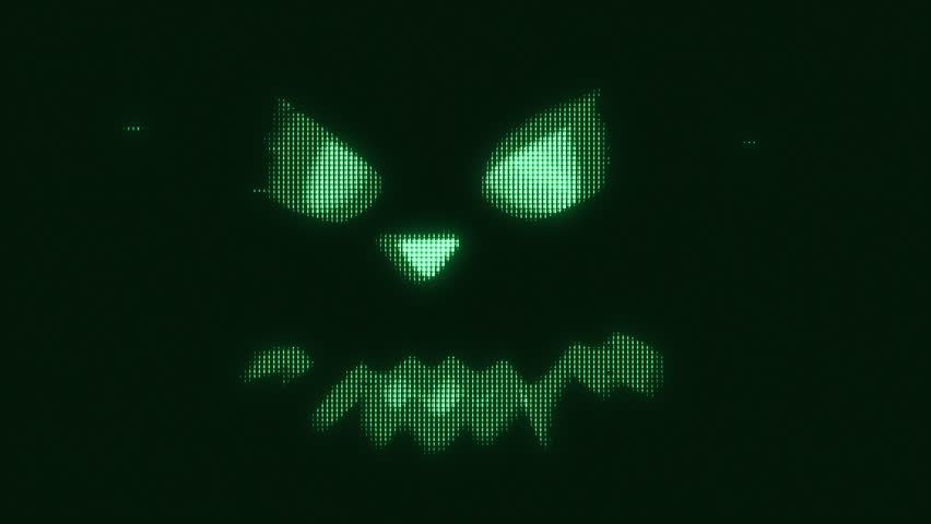 Halloween pumpkin faces with scary expression. Scary psycho evil face. Horror Spooky animation of digital Monster. Jack o lantern Spooky face glowing in dark, Retro-Futuristic pixelate VHS Monitor