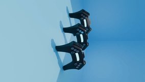 Multiple futuristic gamepads rotating in seamless loop on blue surface - Powered by Shutterstock - Get 15% off with code: PIKWIZARD15
