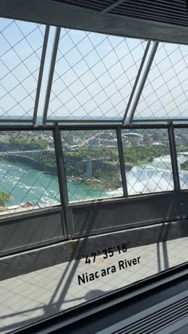 SLOW MOTION The American Falls and Bridal Veil Falls, the U.S. Customs and Border Protection – Rainbow Bridge Port of Entry, and the Prospect Point Observation Tower in Niagara Falls, Ontario, Canada.