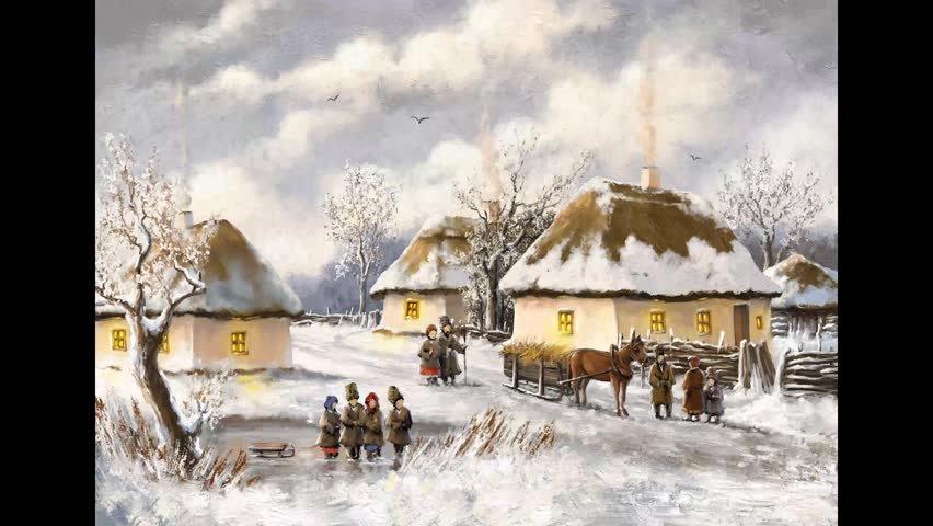 Winter in the village, traditional ukrainian winter village scene, oil painting.  Digital oil painting timelapse.