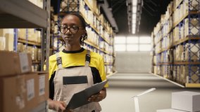 African american female reviewing merchandise data on files for logistics system, distribution hub with organizes shelving, for shipping protocols. Retail fulfillment and supply chain. Camera A. - Powered by Shutterstock - Get 15% off with code: PIKWIZARD15