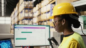 Woman uses AI-generated software for order processing automation, advanced neural networks cloud computing system ensures parcel tracking with a computer in warehouse with racks. Camera A. - Powered by Shutterstock - Get 15% off with code: PIKWIZARD15