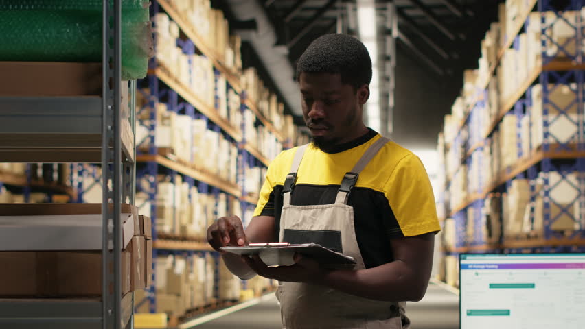 Woman employee placing adhesive shipping labels on boxes in depot, labeling packages with awb tracking numbers to ensure seamless express delivery and order processing. Camera B.