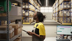 Black female industrial clerk working on order processing tasks with tablet, distribution center ensures efficient warehousing operation. Managing parcels data for e-commerce delivery. Camera A. - Powered by Shutterstock - Get 15% off with code: PIKWIZARD15