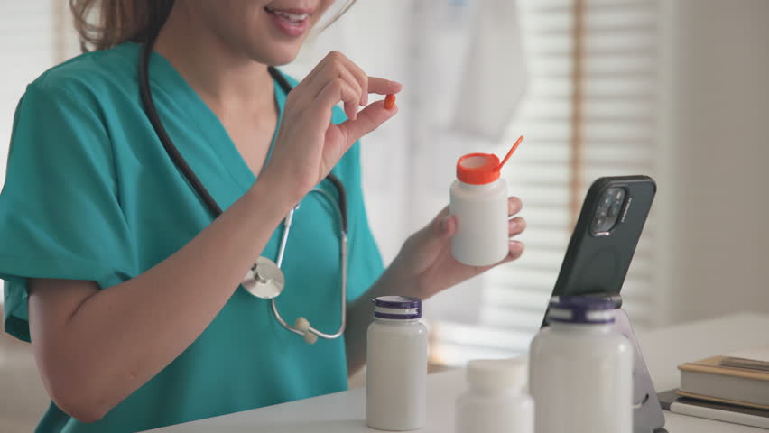 Asia woman people anti aging expert modern health care vlogger live advice talk selfie video mobile phone camera. Online retail diet weight loss digital virtual asian filming vitamin c pill drug store