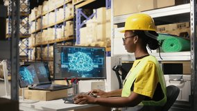 African american woman uses AI deep learning software for e-commerce automation, working in distribution hub with neural networks brain managing tracking software. Data science. Camera A. - Powered by Shutterstock - Get 15% off with code: PIKWIZARD15