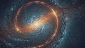 A massive, luminous vortex of cosmic energy, resembling a dynamic spiral galaxy. At its center is a brilliant, intense light source, surrounded by a rotating orange-gold ring. This ring emits intense  - Powered by Shutterstock - Get 15% off with code: PIKWIZARD15