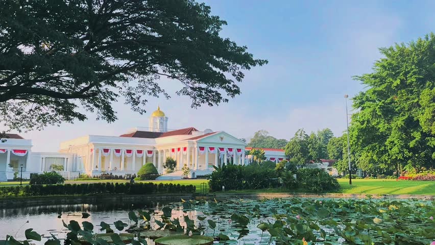 Bogor, Indonesia -August 17 2025: Bogor presidential palace, decorated with national flag.