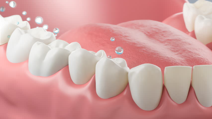 Toothpaste foam or fluoride molecules are cleaning the gums and teeth to protect oral health. Oral care concept.