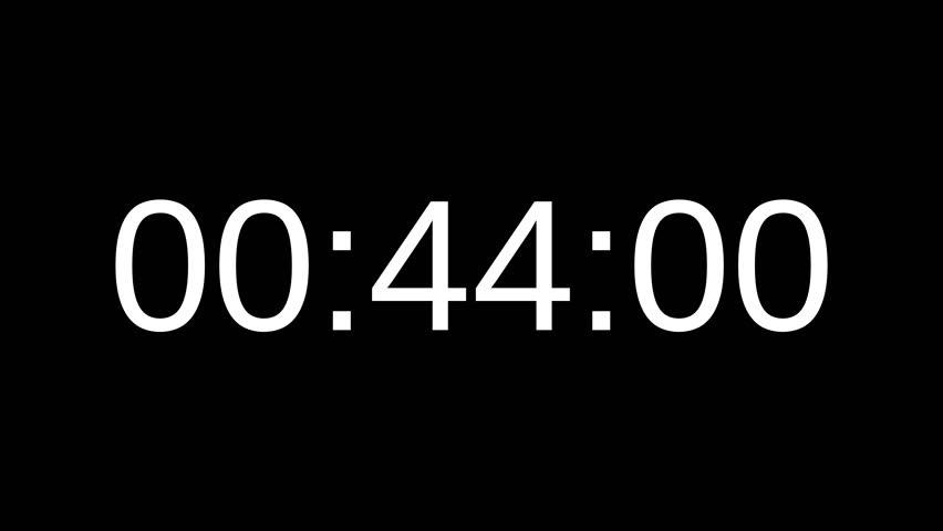 Countdown timer from 44 minute to 43 minute with white number on black background. Countdown timer for deadline reminders, time management concepts, and scheduling