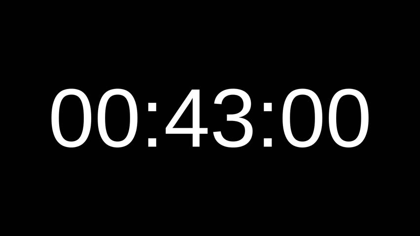 Countdown timer from 43 minute to 42 minute with white number on black background. Countdown timer for deadline reminders, time management concepts, and scheduling