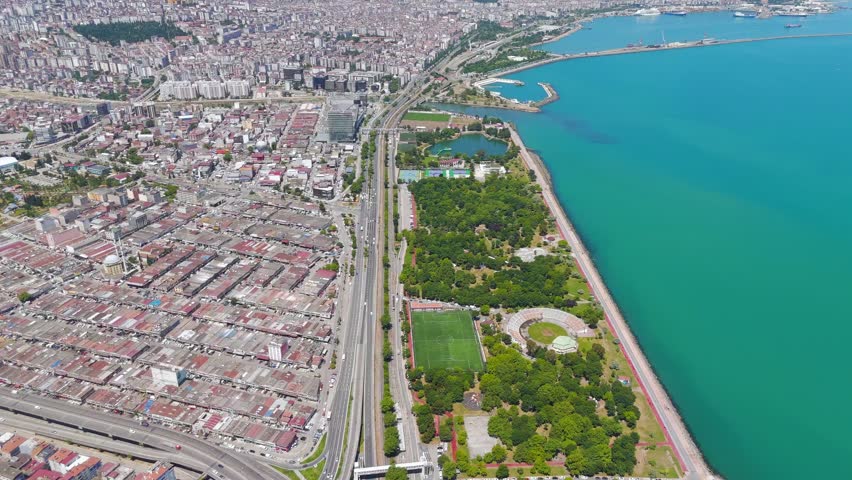 Samsun, Turkey. Panorama of the city and coast from a drone on a summer day, Aerial View