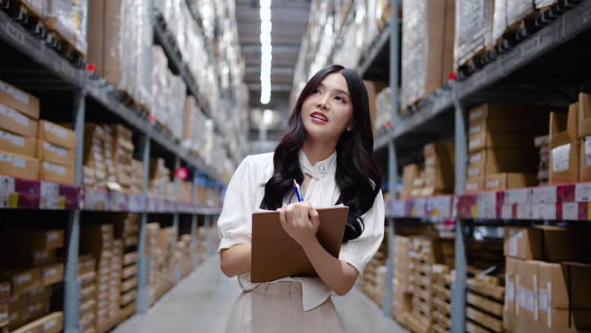 Portrait of smiling asian woman business using document file checking amount of stock product inventory on shelf at distribution warehouse factory, Logistics business planning concept	