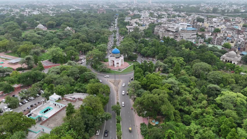 Aerial view of Sabz Burj, blue-domed Mughal tomb in New Delhi, India
