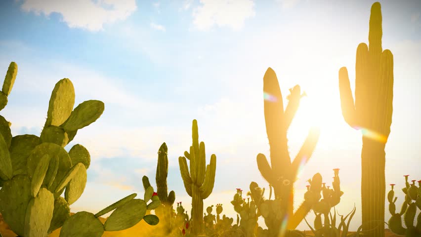 3D Animation of desert cacti in silhouette against the sunlight. The scene features various cactus species with soft dust particles blown by the wind.