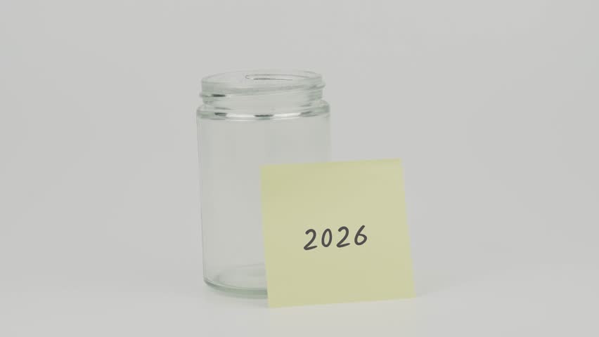 2026 text on yellow notes on empty jar, hand inserting coin and sealing lid on white background, symbolizing savings, financial planning, and future investment
