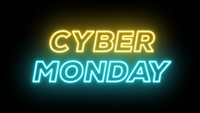Neon Cyber Monday banner, blinking animation with text color change. Glowing neon Cyber Monday text, looped animation for sale promotion, digital ad, social media. Yellow blue colors