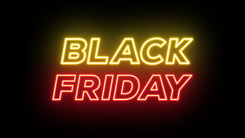 Neon Black Friday banner, blinking animation with text color change. Glowing neon Black Friday text, looped animation for sale promotion, digital ad, social media. Yellow red colors