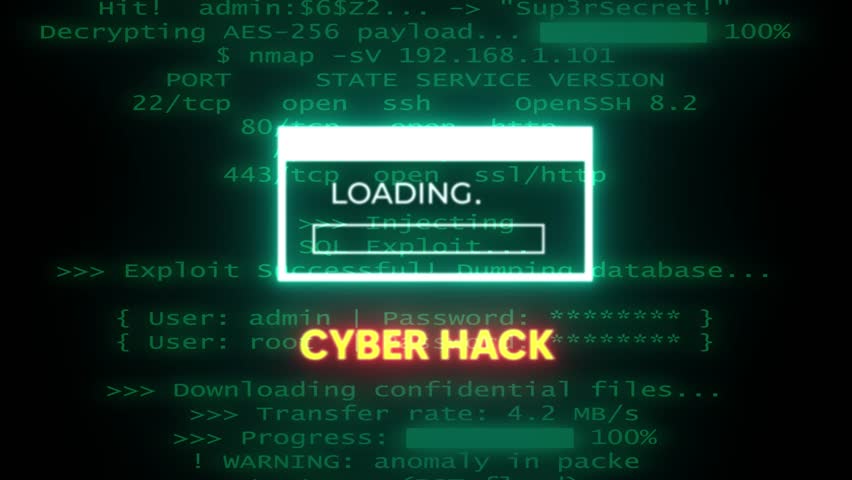 Cyber Infiltration Loading Interface: Digital Virus Attack Animation, Terminal Hack Screen, Data Breach Progress, Firewall Exploit Visual