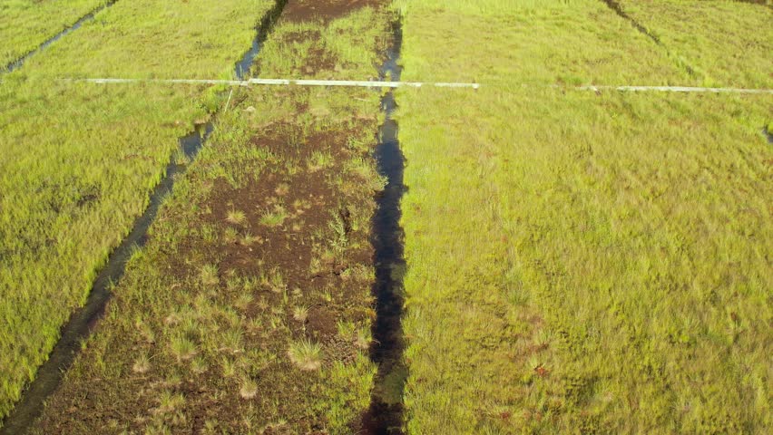 Aerial view of a large peat bog harvesting site with long parallel rows of extracted peat, wooden pallets, and covered stacks stretching across the landscape.