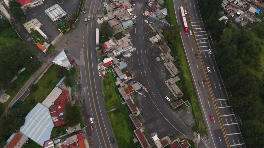 Aerial, top-down view of highways in Mexico, captured by a drone