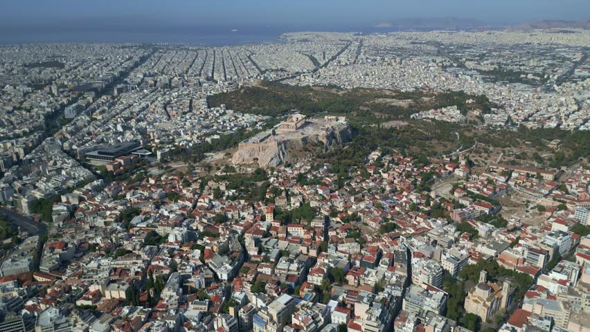 Wide Aerial Sunny Panoramic View of Athens with Acropolis