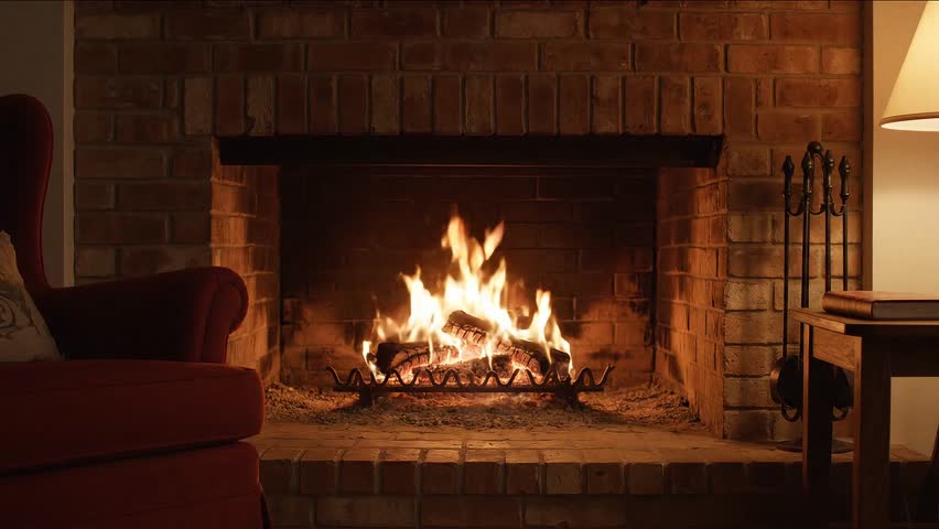 Static video of an indoor fireplace with slowly burning firewood