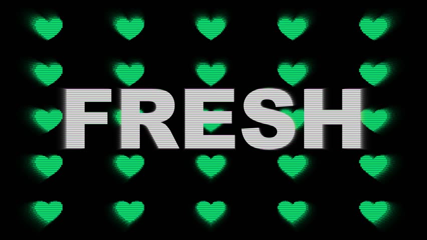 4k animated banner - Pixelated neon green heart pattern, black background, Bold Fresh text. 80s retro, Y2K aesthetic, glitch effect. Social media, digital banner, web design, creative advertisement.