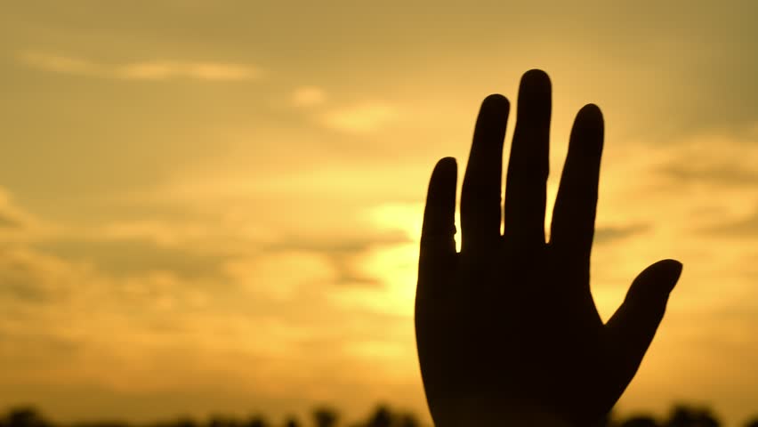 A hand waves gently toward the golden sky, symbolizing farewell, hope, and new beginnings. The gesture also conveys connection, letting go, gratitude, and reaching for dreams beyond the horizon.
