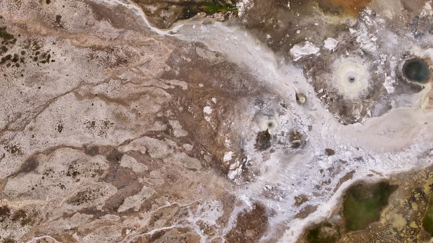 Aerial top down of geothermal hot spring fields of Hveravellir in Iceland. Sunny summer day in dangerous area of island.