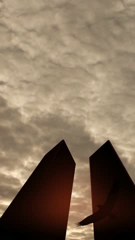 Silhouette of Towers with soaring eagle at sunset. 09.11.2001 American Patriot Day video. Vertical video with inscription for social media and stories.