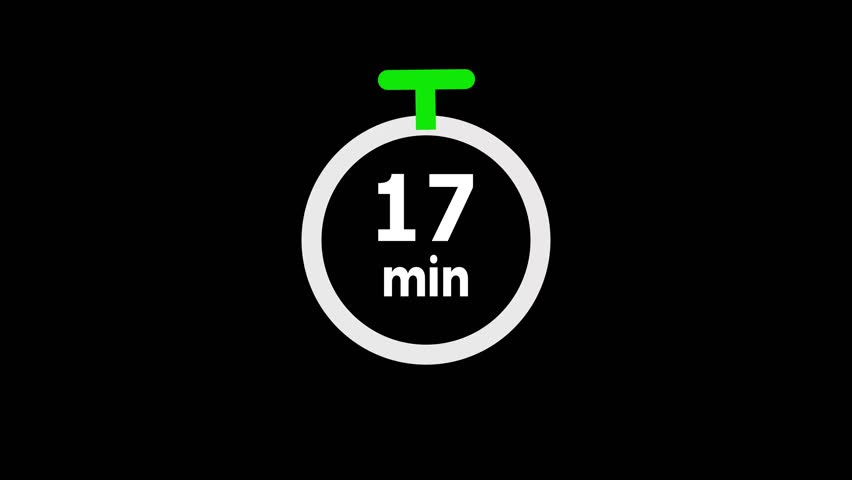 Animation of timer clock icon with 17 min. Stopwatch icon in flat style 17 to 0 minute isolated on transparent background 4k video.