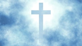 Luminous cross silhouette against soft blue cloudy sky, ethereal divine light effects with mist and atmospheric haze - Powered by Shutterstock - Get 15% off with code: PIKWIZARD15
