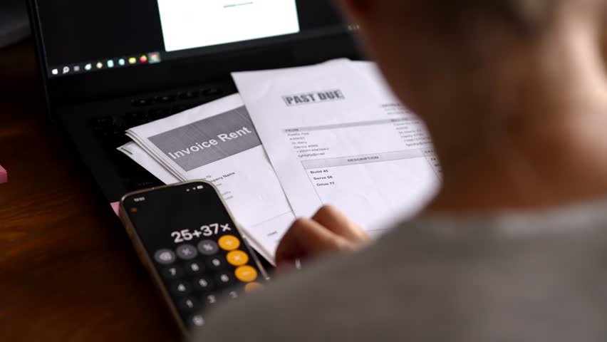 Overdue Rent Invoice And Past Due Bills With Financial Calculation. Debt Payment Management Budget Pressure And Economic Stress. Counting Expenses. Household Bills And Money Planning. Payment Deadline