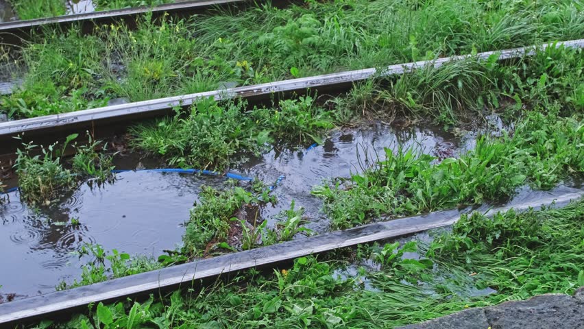 City Tram Tracks Rail Flooded after Heavy Rainfall